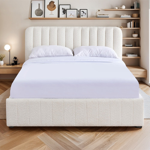 Ensemble Lit coffre adulte 180x200cm avec tête de lit en tissu bouclé beige - Ava + Matelas ressorts ensachés - Spring Elite