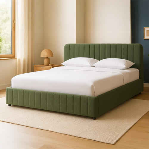 Ensemble Lit coffre adulte 180x200cm avec tête de lit en tissu bouclé vert - Ava + Matelas ressorts ensachés - Spring Elite