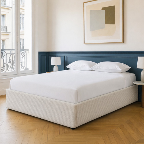 Ensemble Lit coffre adulte 140x190cm en velours côtelé beige avec sommier - Handy + Matelas ressorts ensachés - Spring Elite