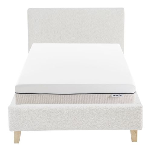 Ensemble Lit adulte 90x190cm avec tête de lit en tissu bouclé beige - Milo + Matelas ressorts ensachés - Spring Elite
