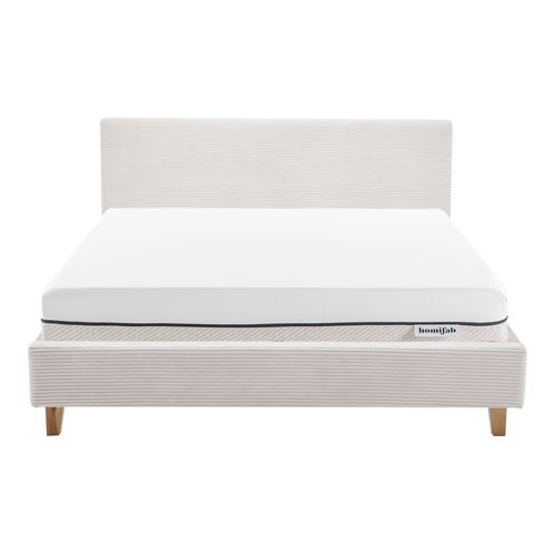 Ensemble Lit adulte 140x190cm avec tête de lit en velours côtelé beige - Milo + Matelas ressorts ensachés - Spring Elite