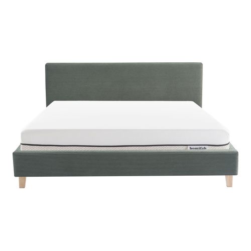 Ensemble Lit adulte 160x200cm avec tête de lit en velours côtelé vert kaki - Milo + Matelas ressorts ensachés - Spring Elite
