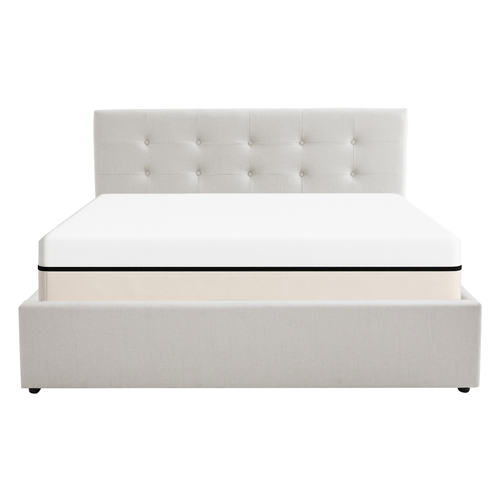 Ensemble Lit coffre adulte 140x190cm avec tête de lit en tissu beige - Tina + Matelas ressorts ensachés - Spring Elite