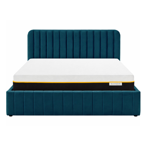 Ensemble Lit coffre adulte 140x190cm avec tête de lit en velours bleu - Ava + Matelas mémoire de forme - Dual Confort