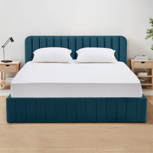 Ensemble Lit coffre adulte 140x190cm avec tête de lit en velours bleu - Ava + Matelas mémoire de forme - Dual Confort