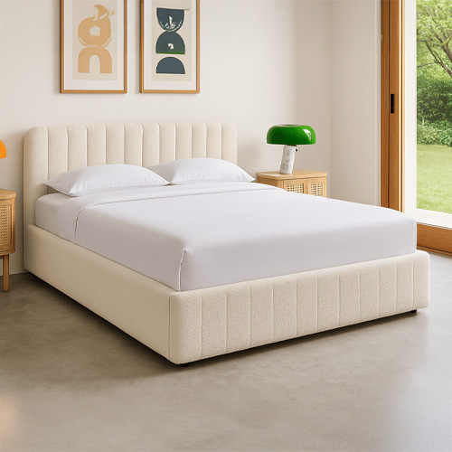 Ensemble Lit coffre adulte 160x200cm avec tête de lit en tissu bouclé beige - Ava + Matelas mémoire de forme - Dual Confort