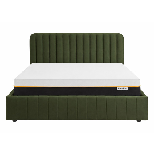 Ensemble Lit coffre adulte 160x200cm avec tête de lit en velours vert kaki - Ava + Matelas mémoire de forme - Dual Confort
