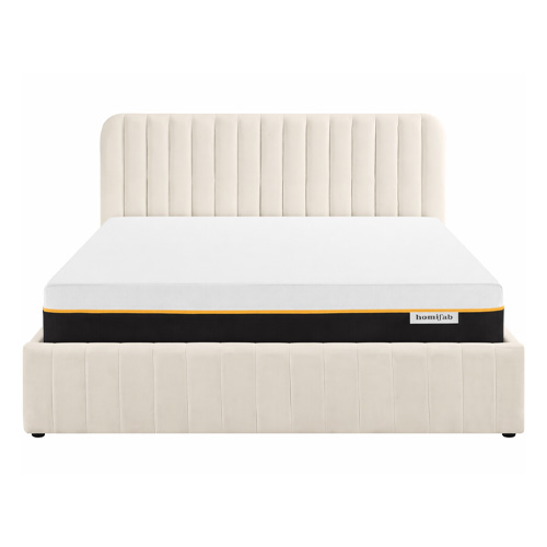 Ensemble Lit coffre adulte 180x200cm avec tête de lit en velours beige - Ava + Matelas mémoire de forme - Dual Confort