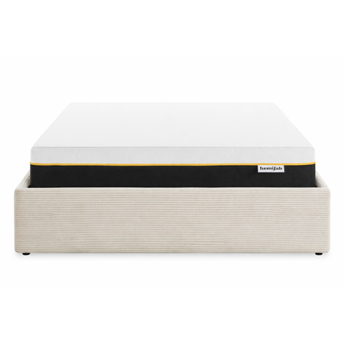 Ensemble Lit coffre adulte 180x200cm en velours côtelé beige avec sommier - Handy + Matelas mémoire de forme - Dual Confort