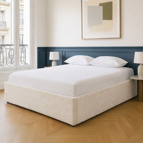 Ensemble Lit coffre adulte 180x200cm en tissu bouclé beige avec sommier - Handy + Matelas mémoire de forme - Dual Confort