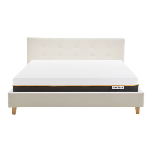 Ensemble Lit adulte 140x190cm avec tête de lit en velours beige - Milo + Matelas mémoire de forme - Dual Confort