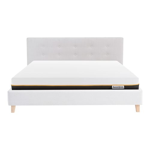 Ensemble Lit adulte 160x200cm avec tête de lit en tissu beige - Milo + Matelas mémoire de forme - Dual Confort