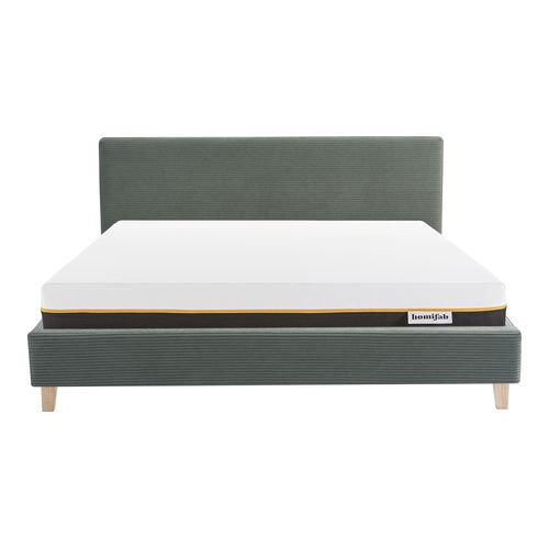 Ensemble Lit adulte 160x200cm avec tête de lit en velours côtelé vert kaki - Milo + Matelas mémoire de forme - Dual Confort