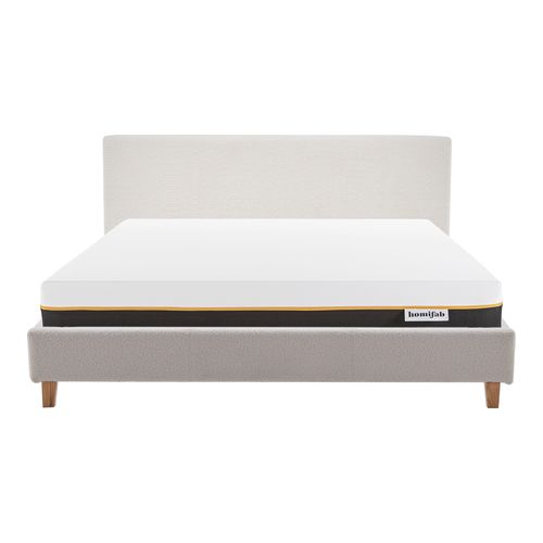 Ensemble Lit adulte 160x200cm avec tête de lit en tissu bouclé beige - Milo + Matelas mémoire de forme - Dual Confort