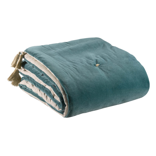 Edredon en velours Vert de gris avec pompons 80x180 cm - Elise