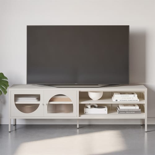 Meuble TV 2 portes 2 niches en métal beige 160 cm - Ysia