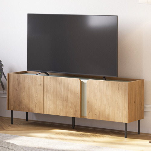 Meuble TV 3 portes décor chêne et vert 140 cm - Ingo