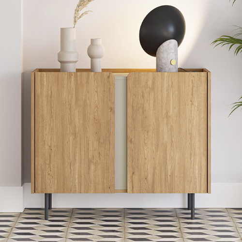 Buffet 2 portes décor chêne et vert 100 cm - Ingo