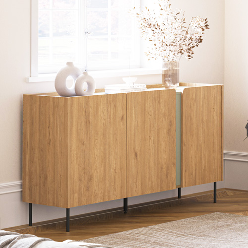 Buffet 3 portes décor chêne et vert 150 cm - Ingo