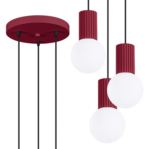 Suspension en aluminium cannelé 3 ampoules bordeaux - Halo