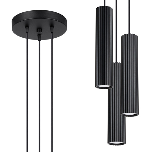 Suspension circulaire en aluminium cannelé 3 ampoules noir - Karbon