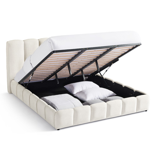 Lit coffre adulte 180x200 cm avec tête de lit capitonnée en tissu chenille beige - Nils