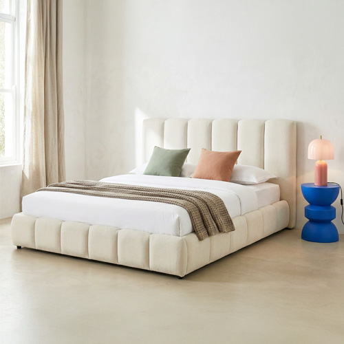 Lit coffre adulte 180x200 cm avec tête de lit capitonnée en tissu chenille beige - Nils
