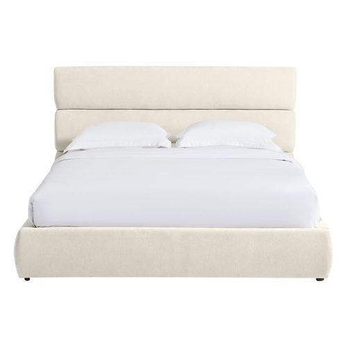 Lit coffre adulte 160x200 cm avec tête de lit capitonnée en tissu chenille beige - Simon