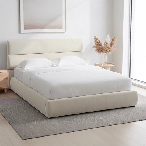 Lit coffre adulte 160x200 cm avec tête de lit capitonnée en tissu chenille beige - Simon