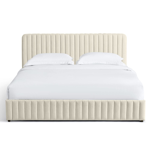 Lit coffre adulte 160x200 cm avec tête de lit capitonnée en tissu chenille beige - Alto