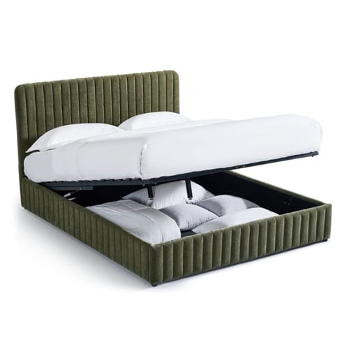 Lit coffre adulte 180x200 cm avec tête de lit capitonnée en tissu chenille vert kaki - Alto