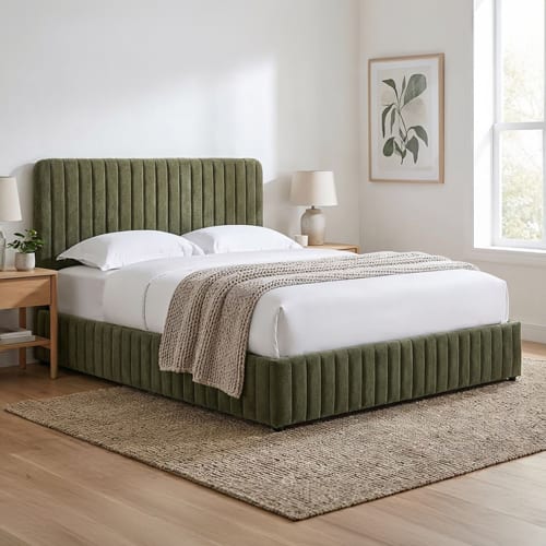 Lit coffre adulte 180x200 cm avec tête de lit capitonnée en tissu chenille vert kaki - Alto