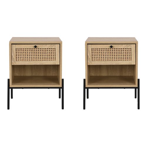 Lot de 2 tables de chevet 1 tiroir en cannage et effet chêne 40 cm - Iris