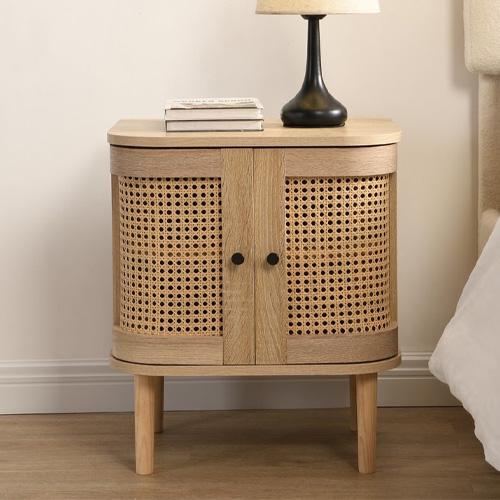 Lot de 2 tables de chevet 2 portes couleur chêne et cannage 40 cm - Bali