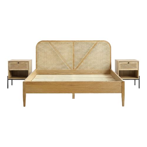 Ensemble Lit adulte 140x190 cm en bois avec tête de lit en bois massif et cannage Leonie + lot de 2 chevets Iris
