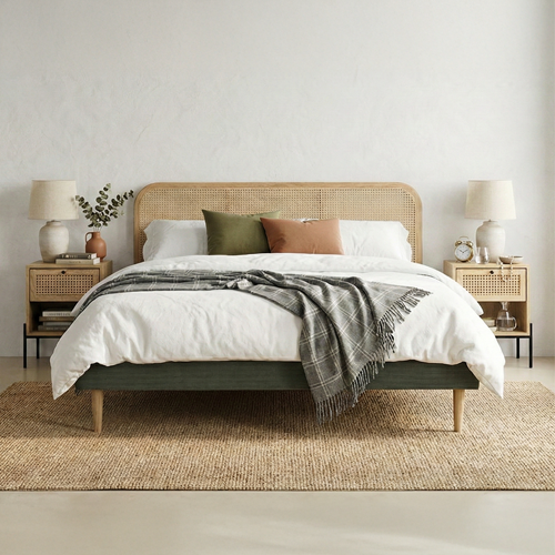 Ensemble Lit adulte 140x190 cm en velours côtelé vert kaki avec tête de lit en cannage Dalia + lot de 2 chevets Iris