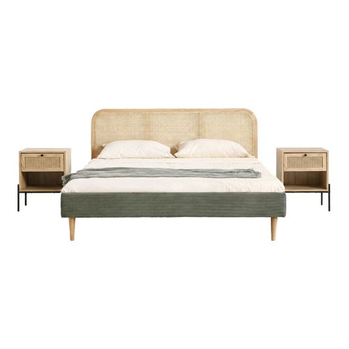Ensemble Lit adulte 180x200 cm en velours côtelé vert kaki avec tête de lit en cannage Dalia + lot de 2 chevets Iris