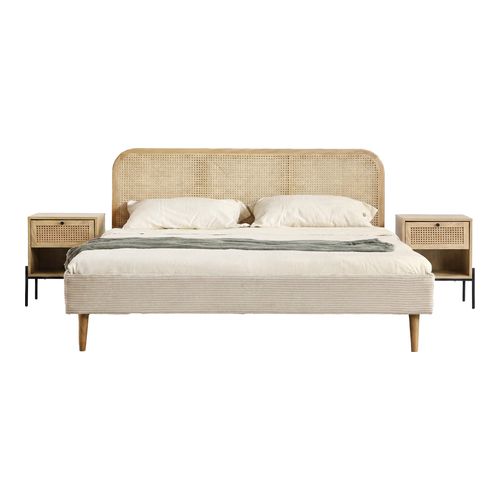 Ensemble Lit adulte 180x200 cm en velours côtelé beige avec tête de lit en cannage Dalia + lot de 2 chevets Iris
