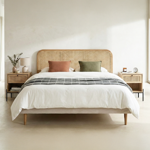 Ensemble Lit adulte 180x200 cm en velours côtelé beige avec tête de lit en cannage Dalia + lot de 2 chevets Iris