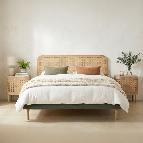 Ensemble Lit adulte 160x200 cm en velours côtelé vert kaki avec tête de lit en cannage Dalia + lot de 2 chevets Bali