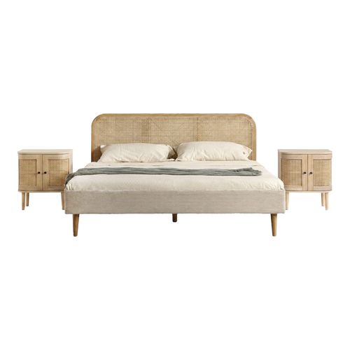 Ensemble Lit adulte 180x200 cm en velours côtelé beige avec tête de lit en cannage Dalia + lot de 2 chevets Bali