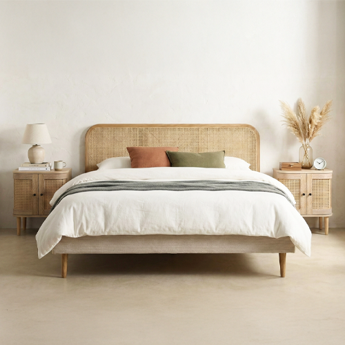 Ensemble Lit adulte 180x200 cm en velours côtelé beige avec tête de lit en cannage Dalia + lot de 2 chevets Bali