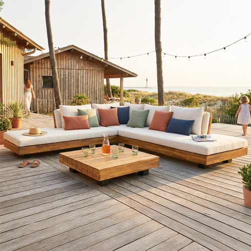 Salon de jardin d'angle 5 places en bois FSC - coussins beiges - Capri