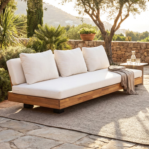 Canapé de jardin 3 places en bois FSC - coussins beiges - Capri