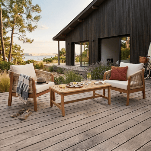 Lot de 2 fauteuils de jardin en bois FSC - coussins beiges - Symi