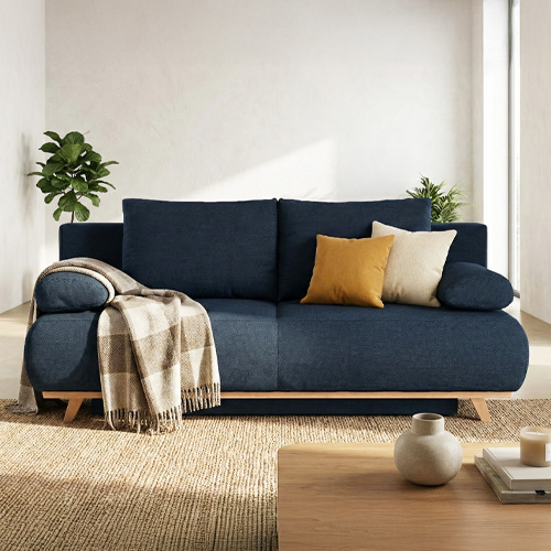 Canapé convertible 3 places avec coffre de rangement en tissu chenille bleu foncé - Laria