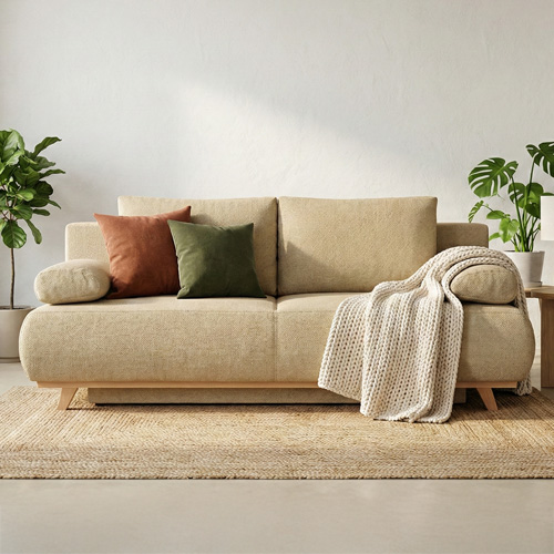 Canapé convertible 3 places avec coffre de rangement en tissu chenille miel - Laria