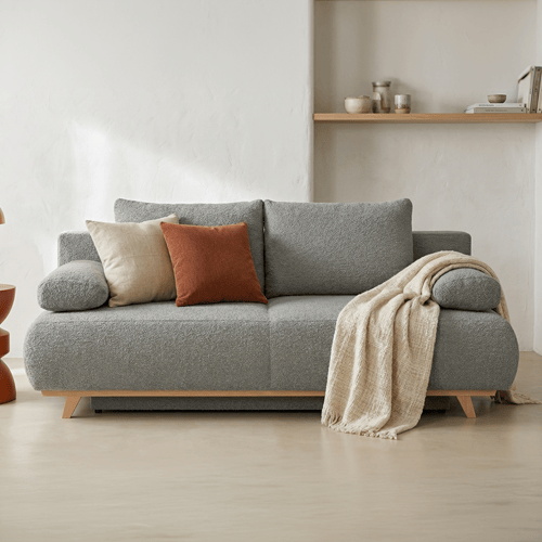 Canapé convertible 3 places avec coffre de rangement en tissu bouclé gris clair - Laria