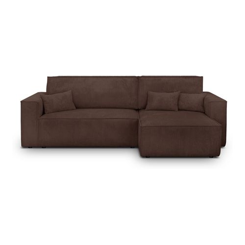 Canapé d'angle convertible réversible 4 places avec coffre de rangement en velours côtelé moka - Livia