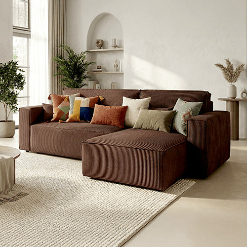 Canapé d'angle convertible réversible 4 places avec coffre de rangement en velours côtelé moka - Livia